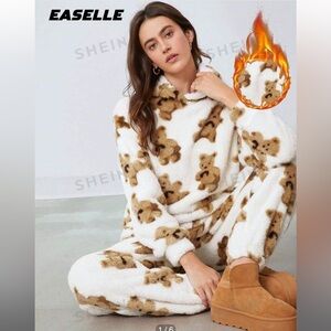Shein Easelle Women's Cute Bear Print Loose Hoodie & Pants 2Pcs Casual Suit